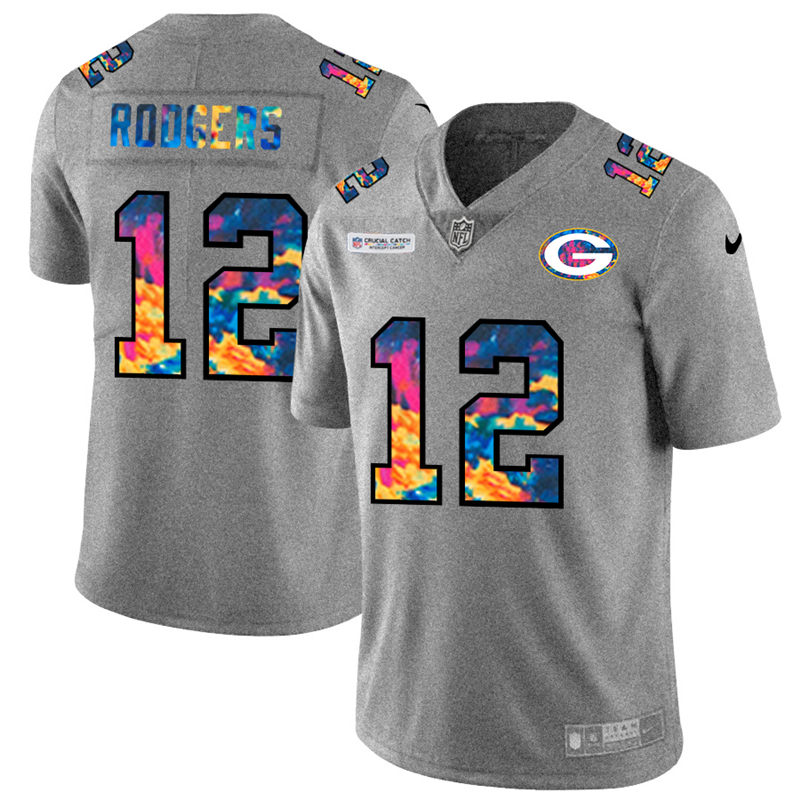 NFL Green Bay Packers #12 Aaron Rodgers Men Nike MultiColor 2020  Crucial Catch  Jersey Grey